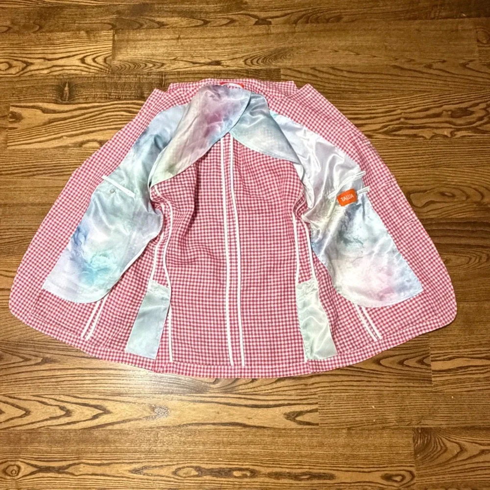 Tallia Gingham Linen Sport Coat Blazer Mens 38S Red White Check Summer Jacket